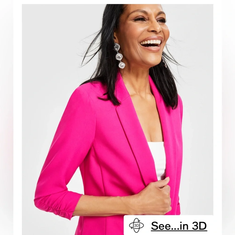 Gorgeous Woman’s Hot Fuchsia Pink 3/4 Ruched Sleeve Tailored Blazer - Picture 2 of 10